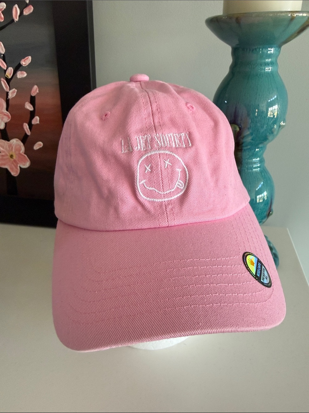 Pink Dad Hat with White Embroidered Smiley